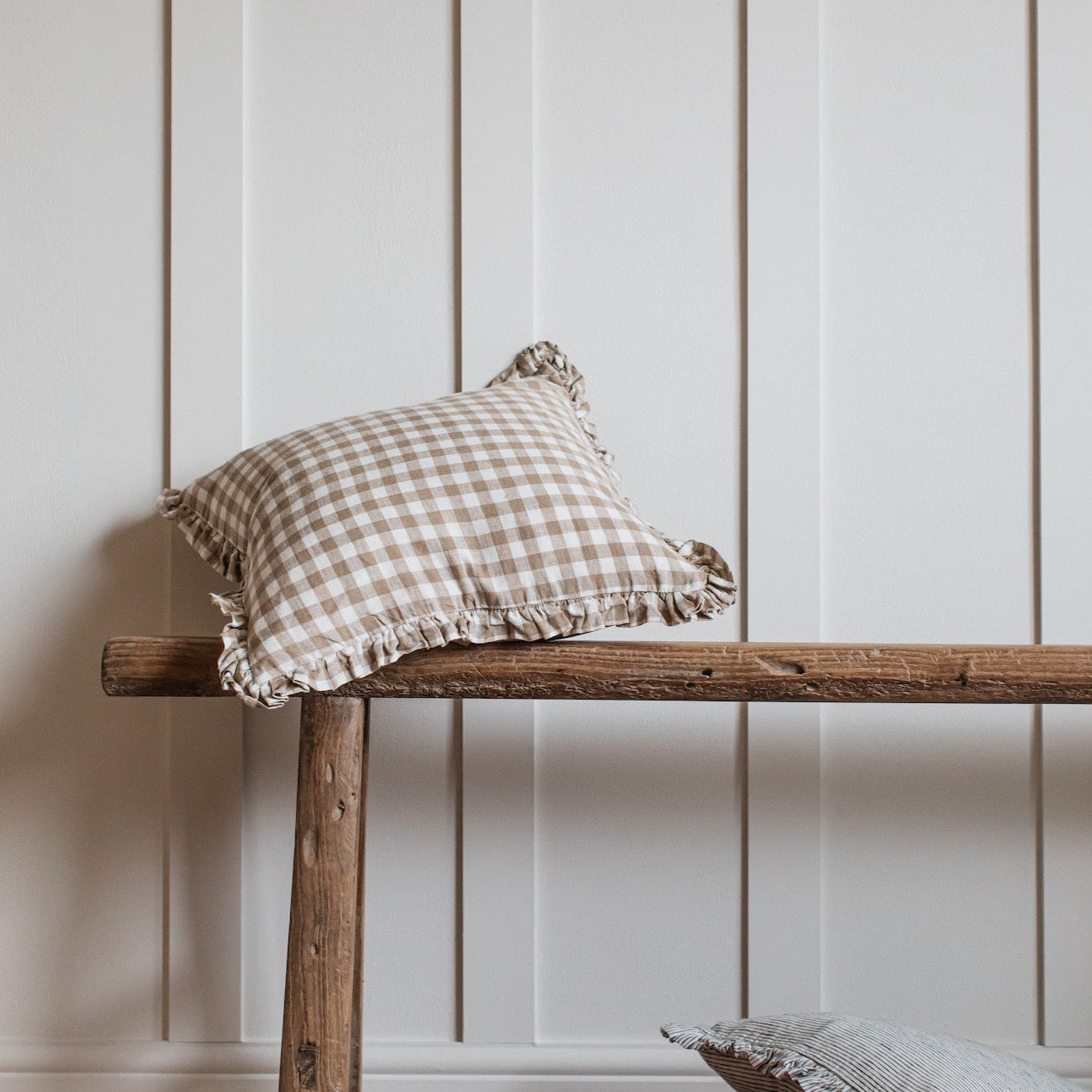 Neutral Gingham Cushion with Ruffle Edge