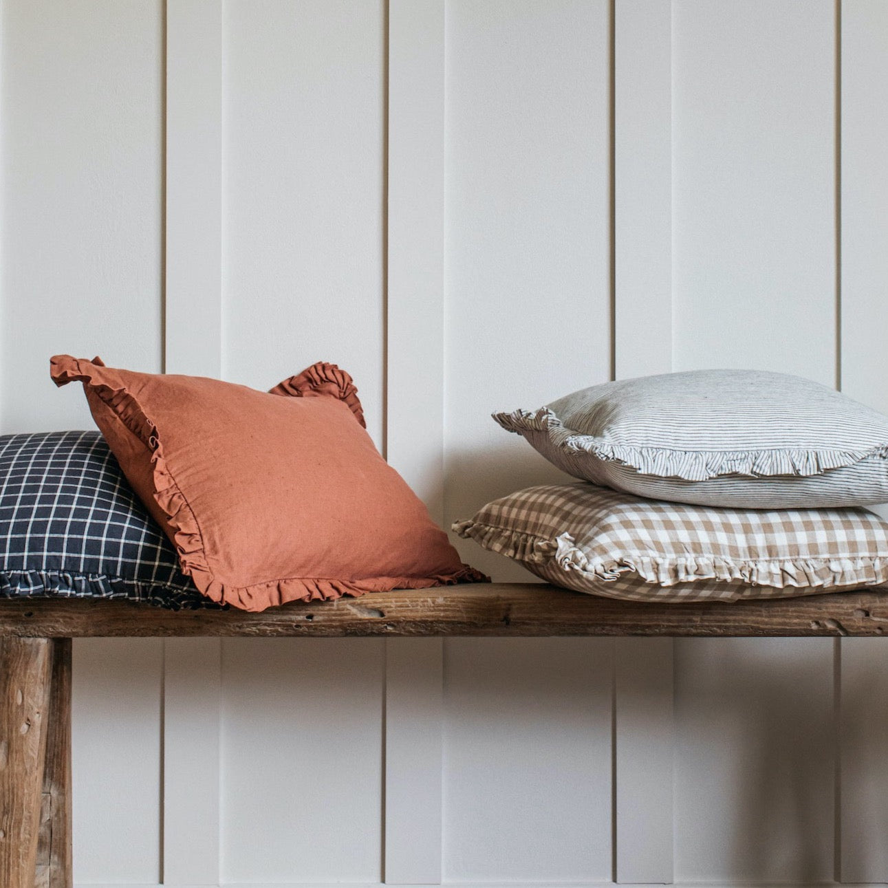 Neutral Gingham Cushion with Ruffle Edge