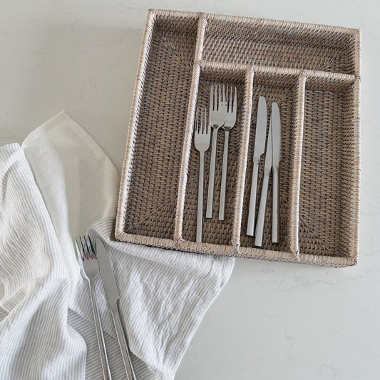 White Washed Rattan Cutlery Tray