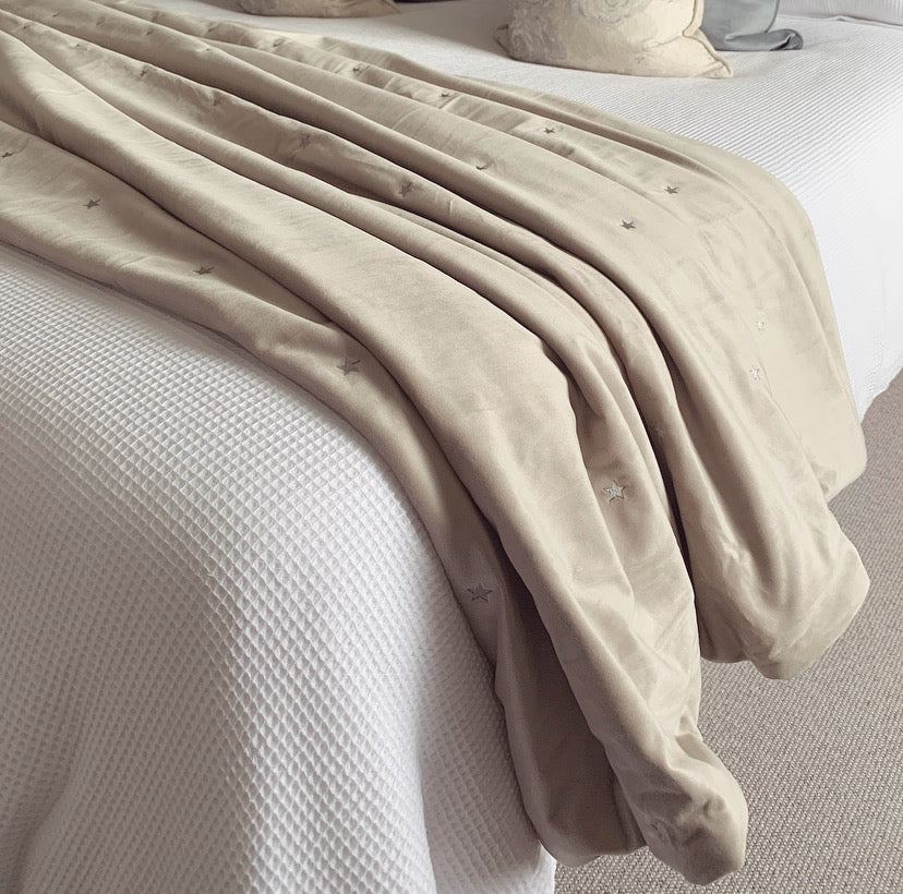 Nude Velvet Throw with Embroidered Silver Star Detail
